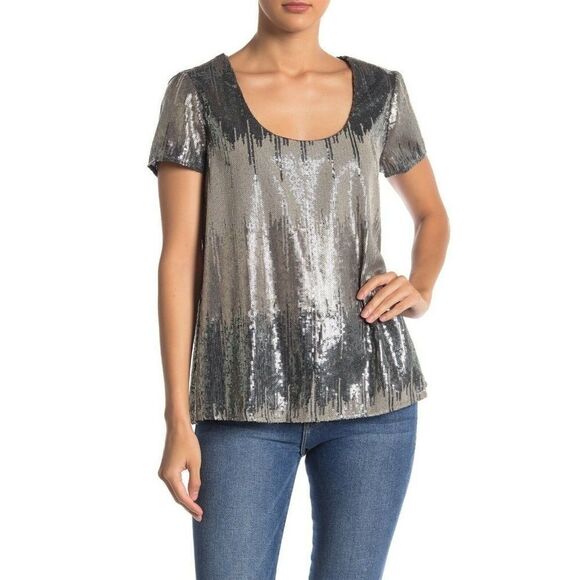 Show Me Your MuMu Top Blouse Large Gold Silver Colorblock Sequins  Lola - Picture 1 of 3
